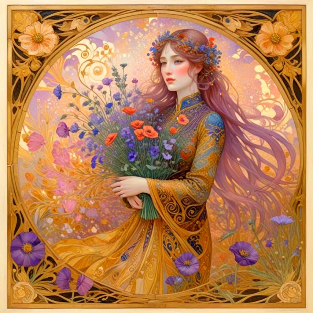 Gustav Klimt-Inspired Poppy Bloom in Art Nouveau Style