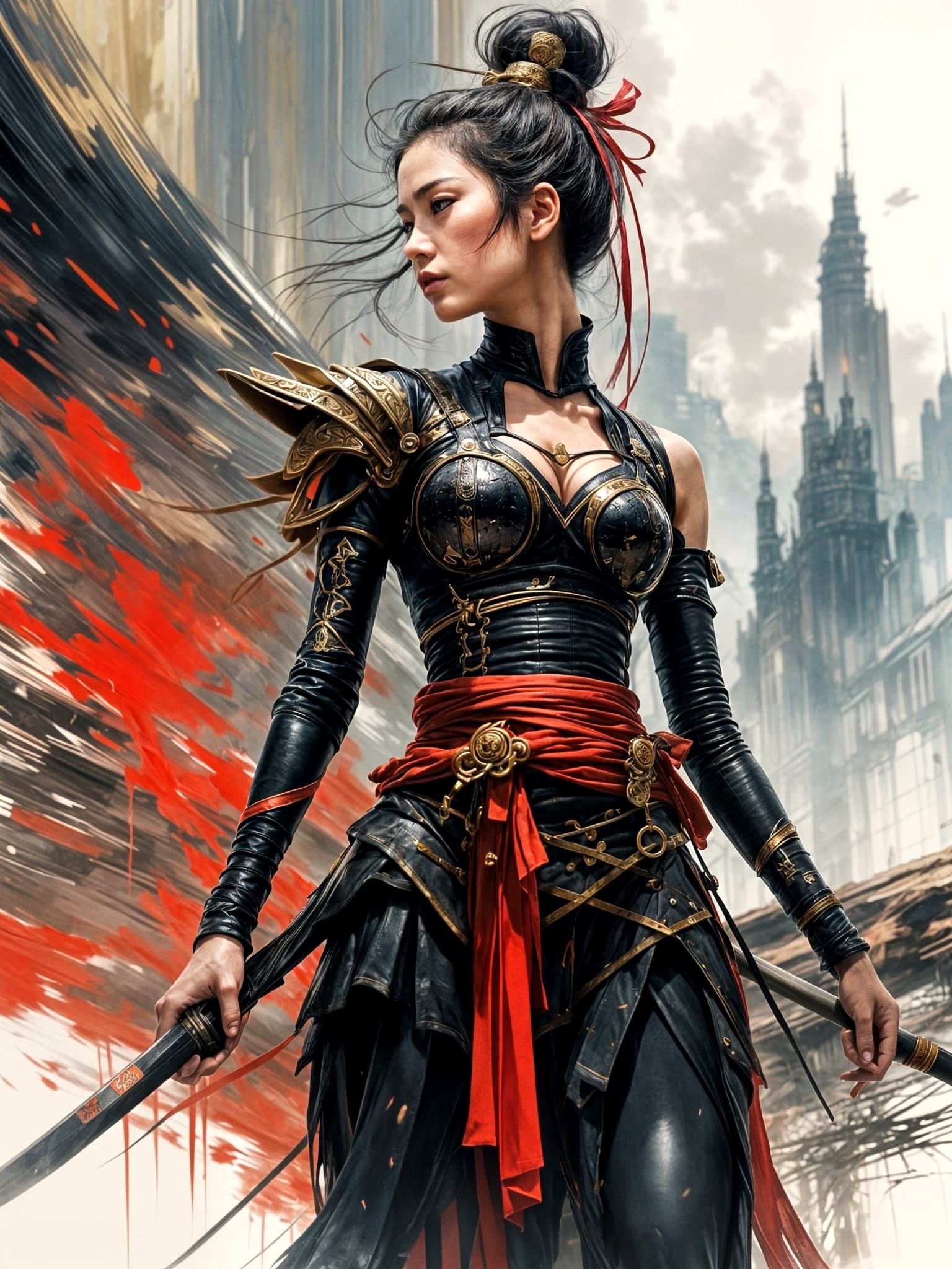 Fierce Japanese Female Warrior Ready for Battle