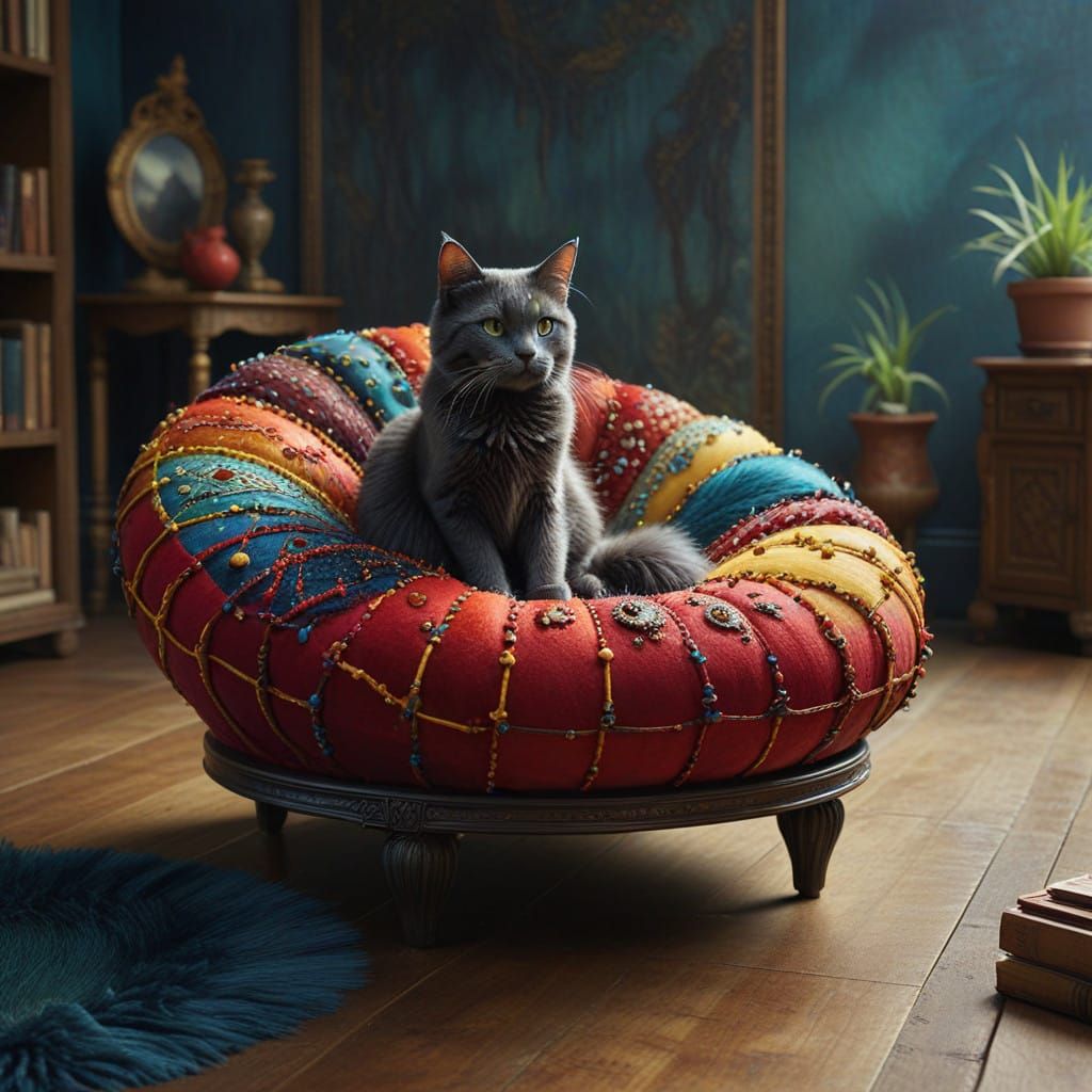 Elegant Grey Cat Sits Majestically in a Dreamlike Donut Chai...