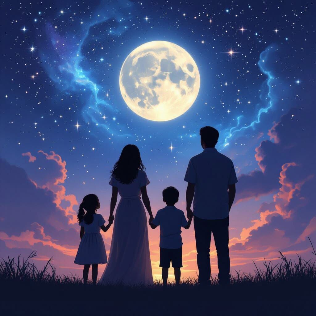 Family of four looking up the night sky with stars and moon....