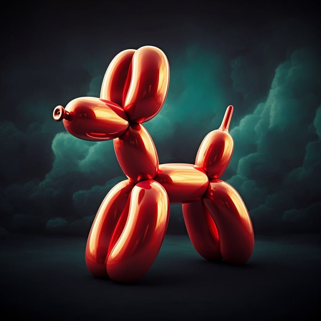 Glossy Balloon Dog Sculpture in Dreamlike Scene