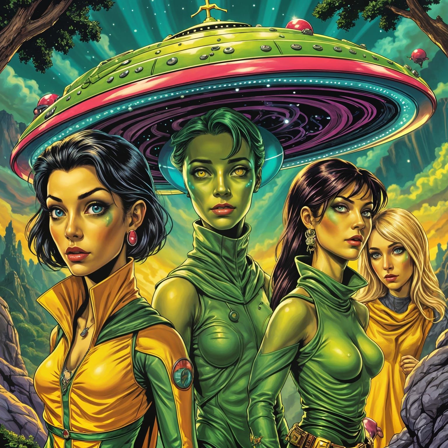 Beautiful Female Alien Emerges in Colorful Comic Style Pop A...