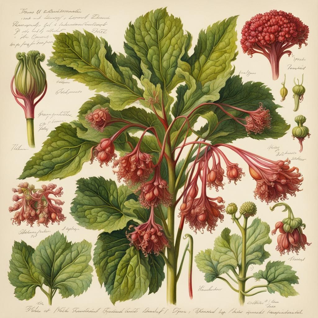 Botanical Illustration of Rhubarb in Gouache Style