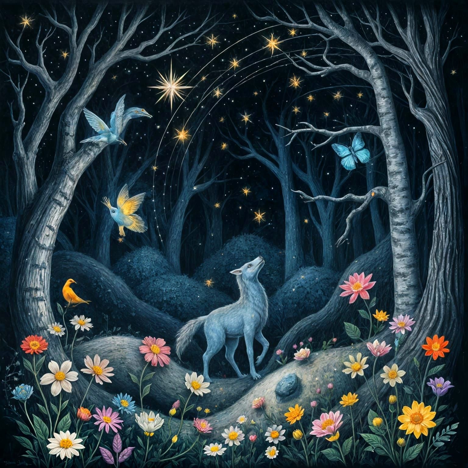 Whimsical Fantasy Forest in Charcoal Illustration