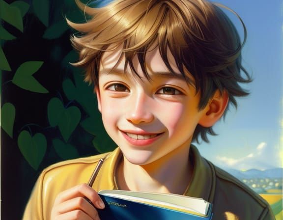 Impressionistic Portrait of a Smiling Boy in Golden Hues