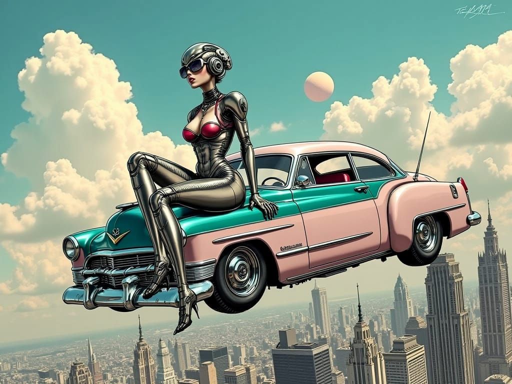 Glamorous Robot Goddess in Retro-Futuristic Cadillac
