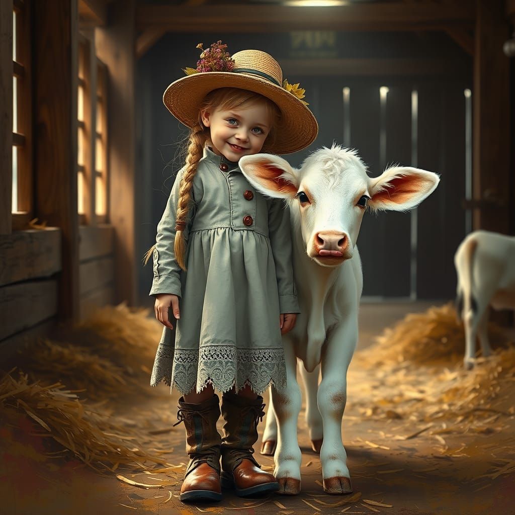 Girl and Calf in Rustic Barn, Fantasy Art Style