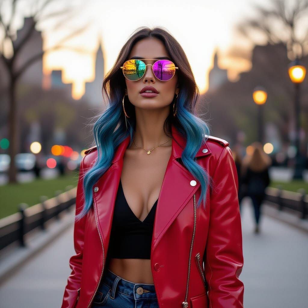 Model in Central Park at Sunset: Hyperrealistic Fashion