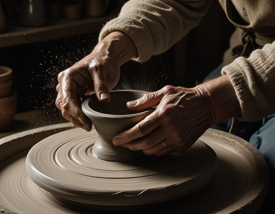 Hands Shaping Clay on Wheel in Painterly Realism