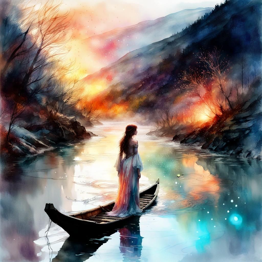 Woman Floating on Mountain River in Watercolor