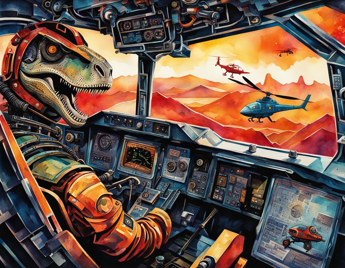 Mechanical Flying T-Rex in Papercut Watercolor Style