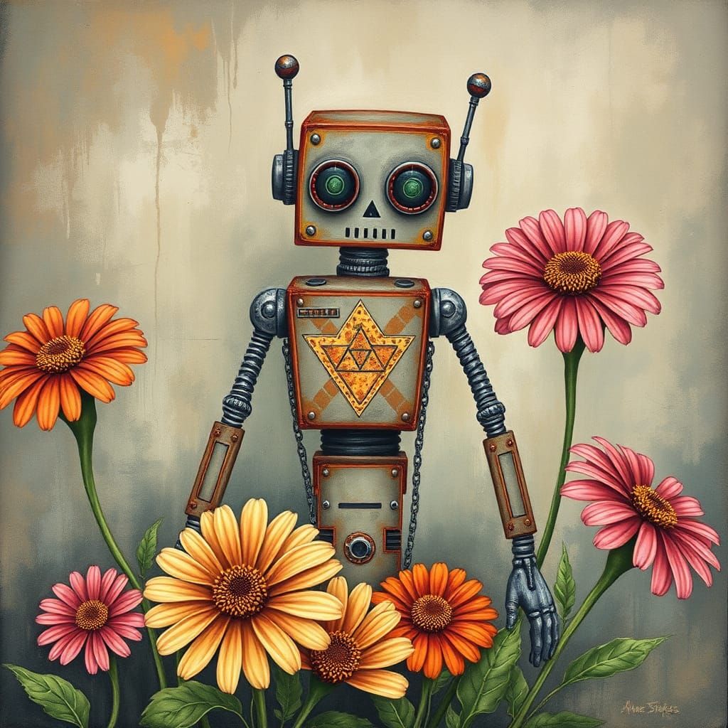 Zinnias Adorned Robot in Oil Gouache Style