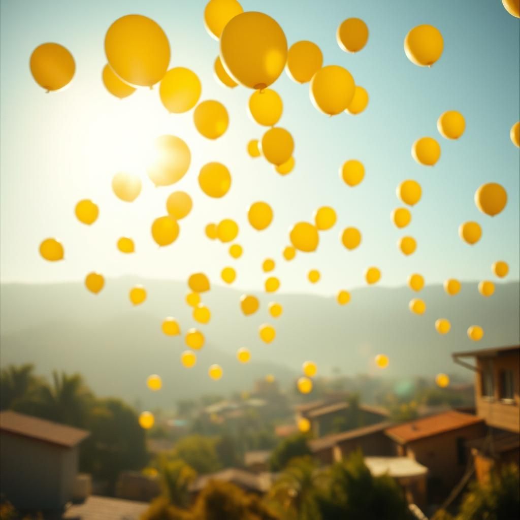 Yellow Balloons Soaring Above Village in Golden Light