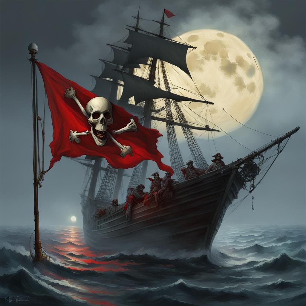 Skeleton Pirate Ship in Fog, Sinister Art