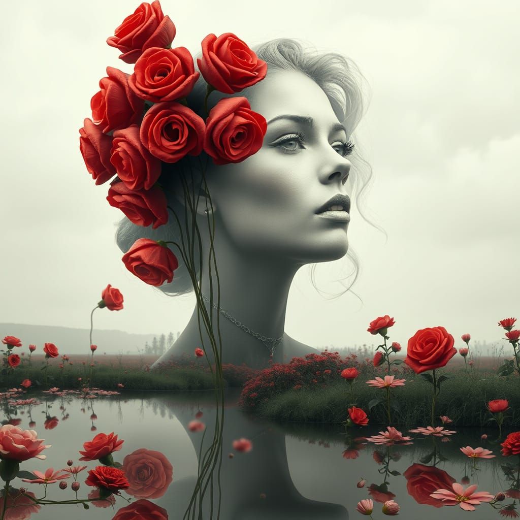 Surreal Double Exposure: Woman, Red Balloons, Dreamscape