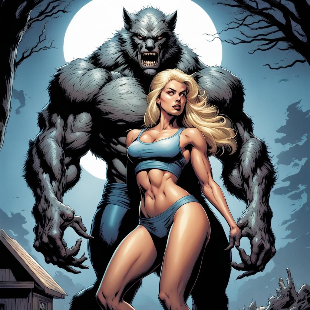 Giant Wolfman Holding Woman in Comic Book Art