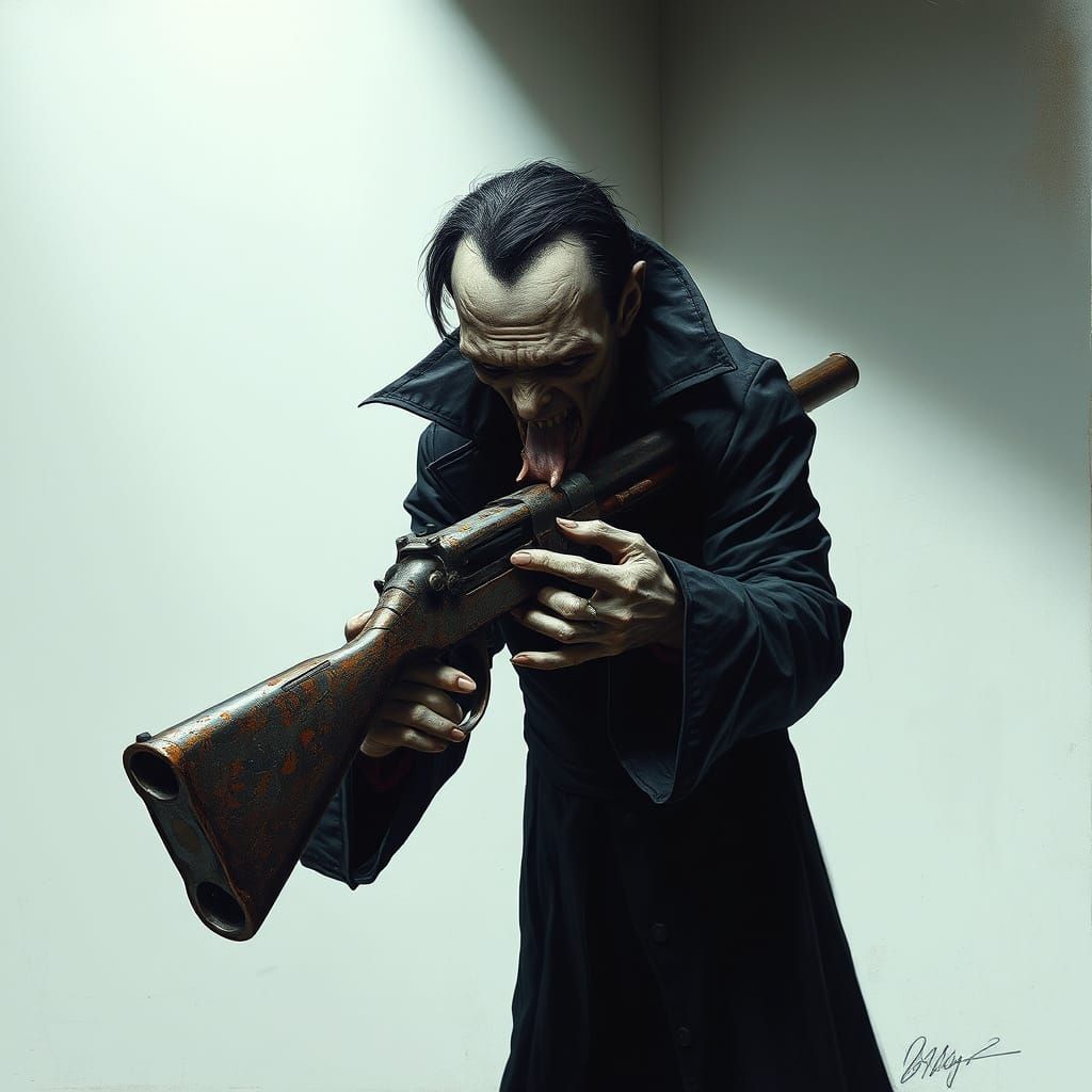 Dark Vampire Licks Rusty Gun in Clinical White Room