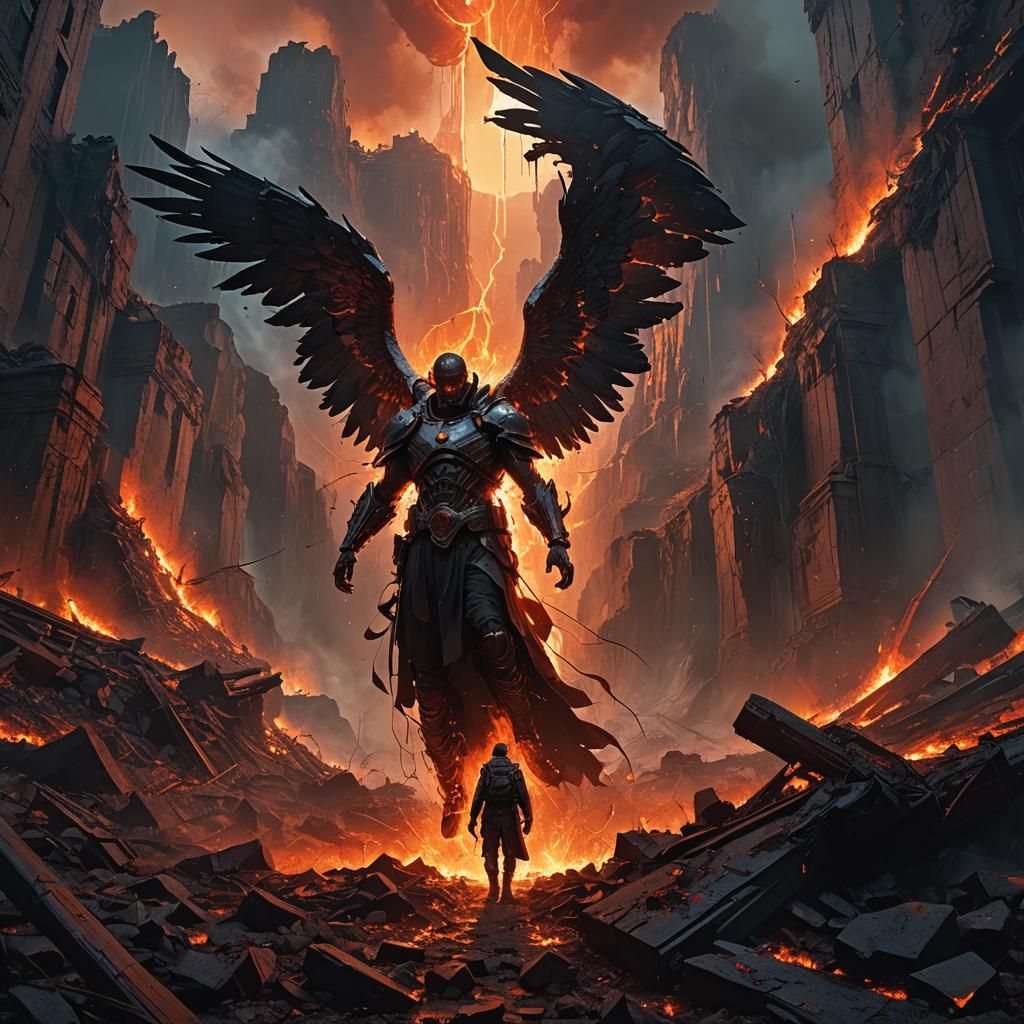 Fallen Angel Descends into Hellish Landscape