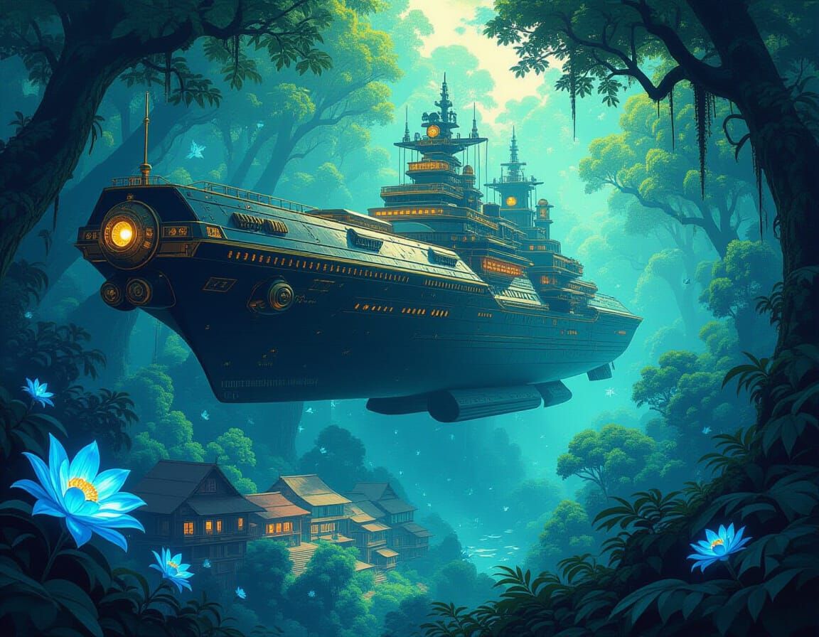 Space Battleship Yamato in Bioluminescent Forest Canopy