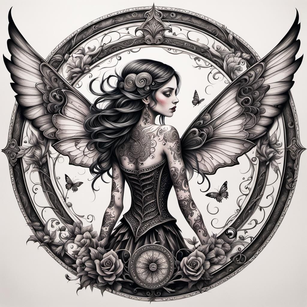 Dark Fairy Tattoo Design in Whimsical Folk Art Style