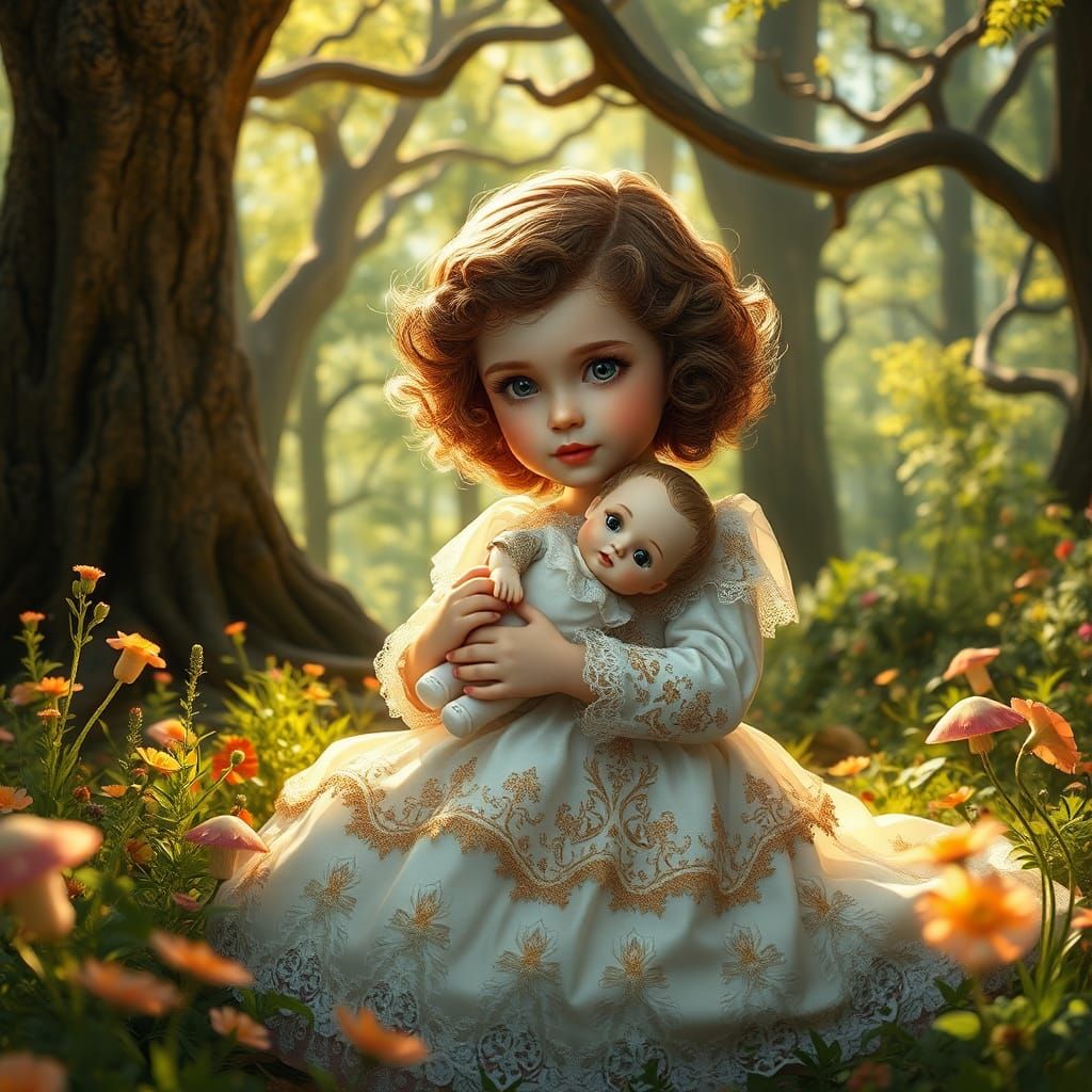 Child with Porcelain Doll in Forest Glade