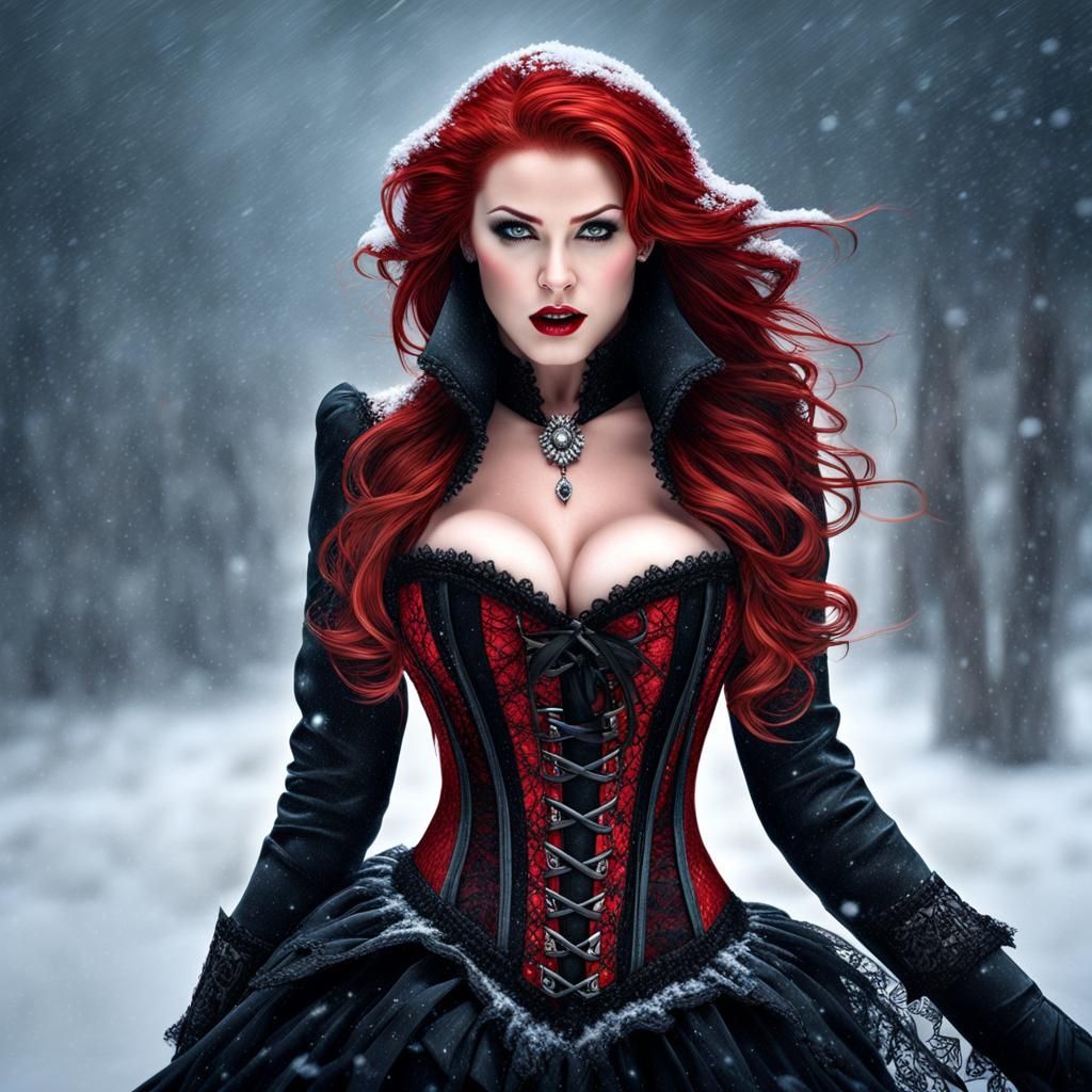 Redhead Vampire Kneeling in Blizzard at Night