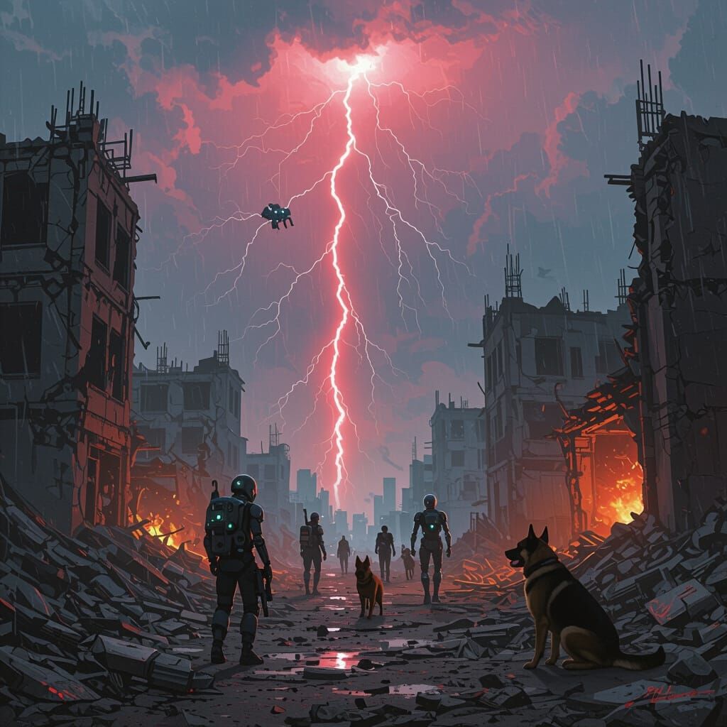 Androids Battle Humans in Rubble-Strewn Post-Apocalyptic Wor...