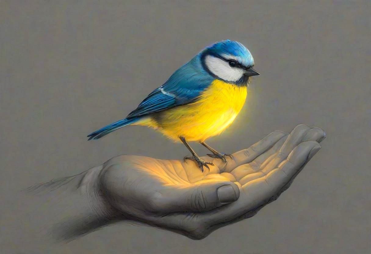 Eurasian Blue Tit Perched on Hand: Pencil Sketch