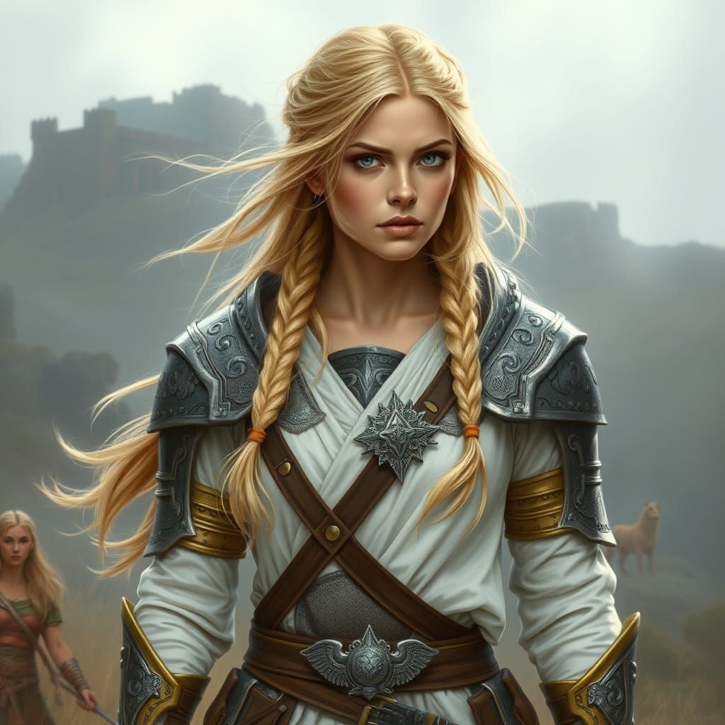 Norse Warrior Maiden Blows in Breezy Landscape