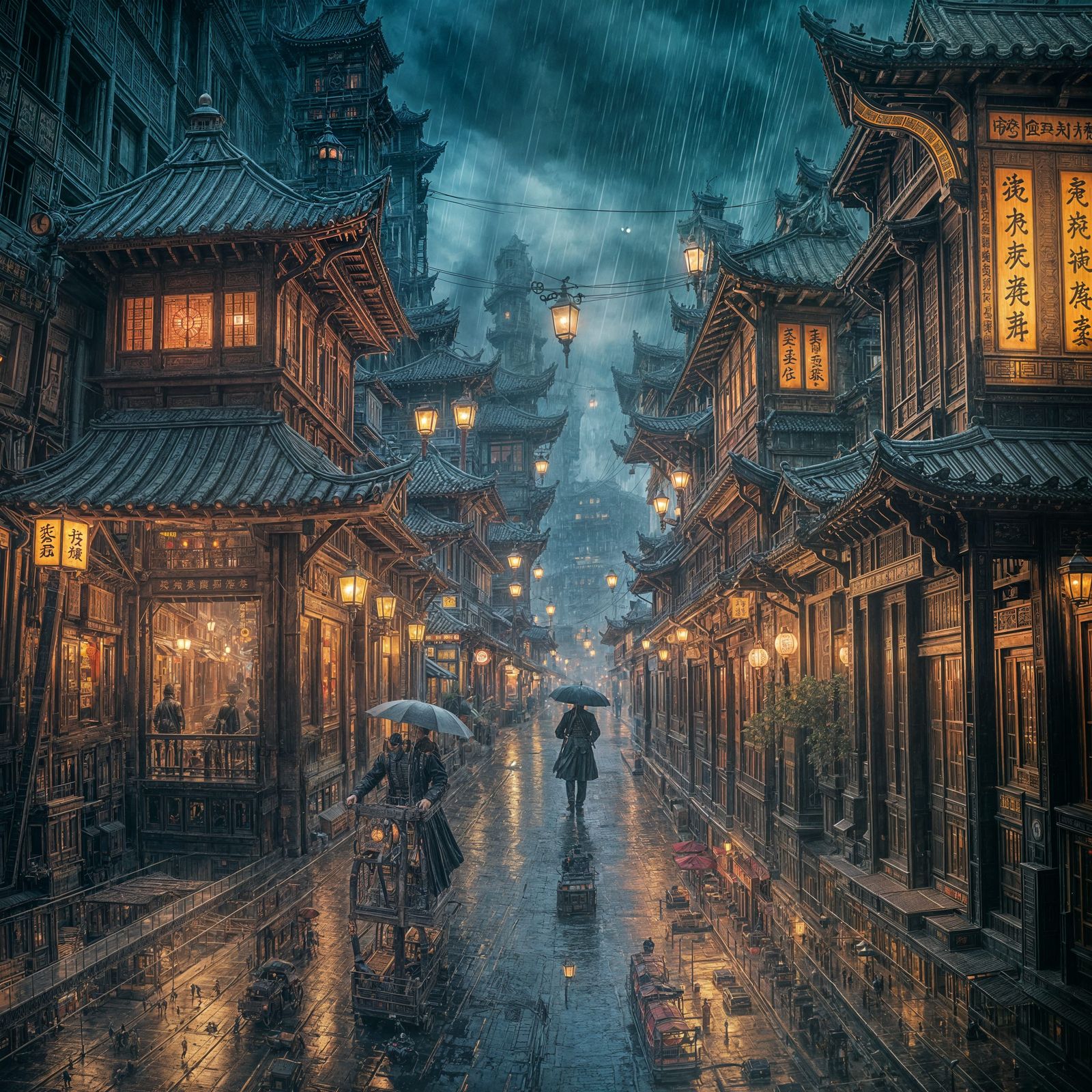 Steampunk Chinese City at Night: Cinematic Film Still