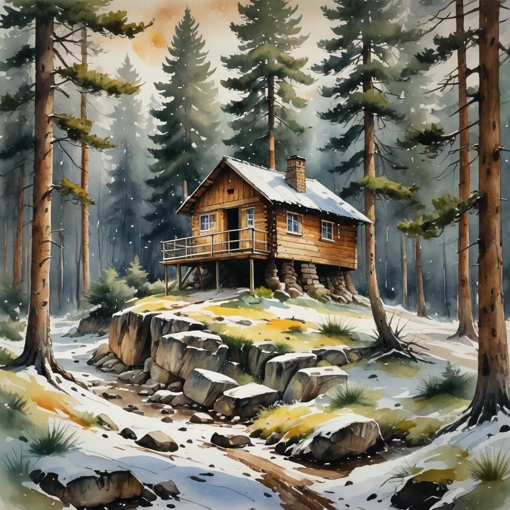 Winter Cabin in Snowy Forest, Watercolor Painting
