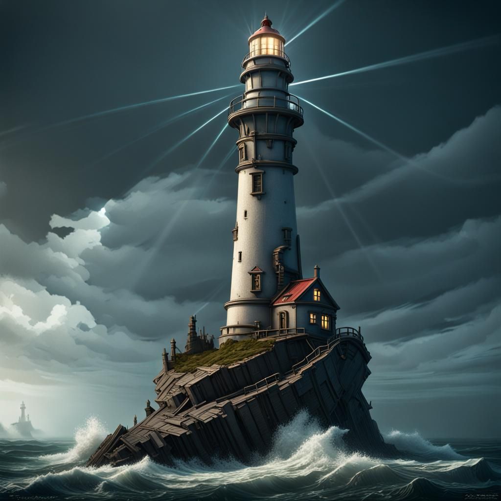 Leaning Lighthouse with Structural Defect in Dark Fantasy Ar...