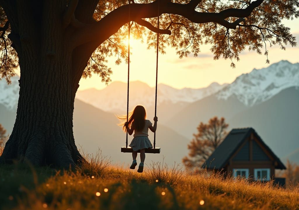 Girl on Swing with Distant Mountains, Dreamy Scene
