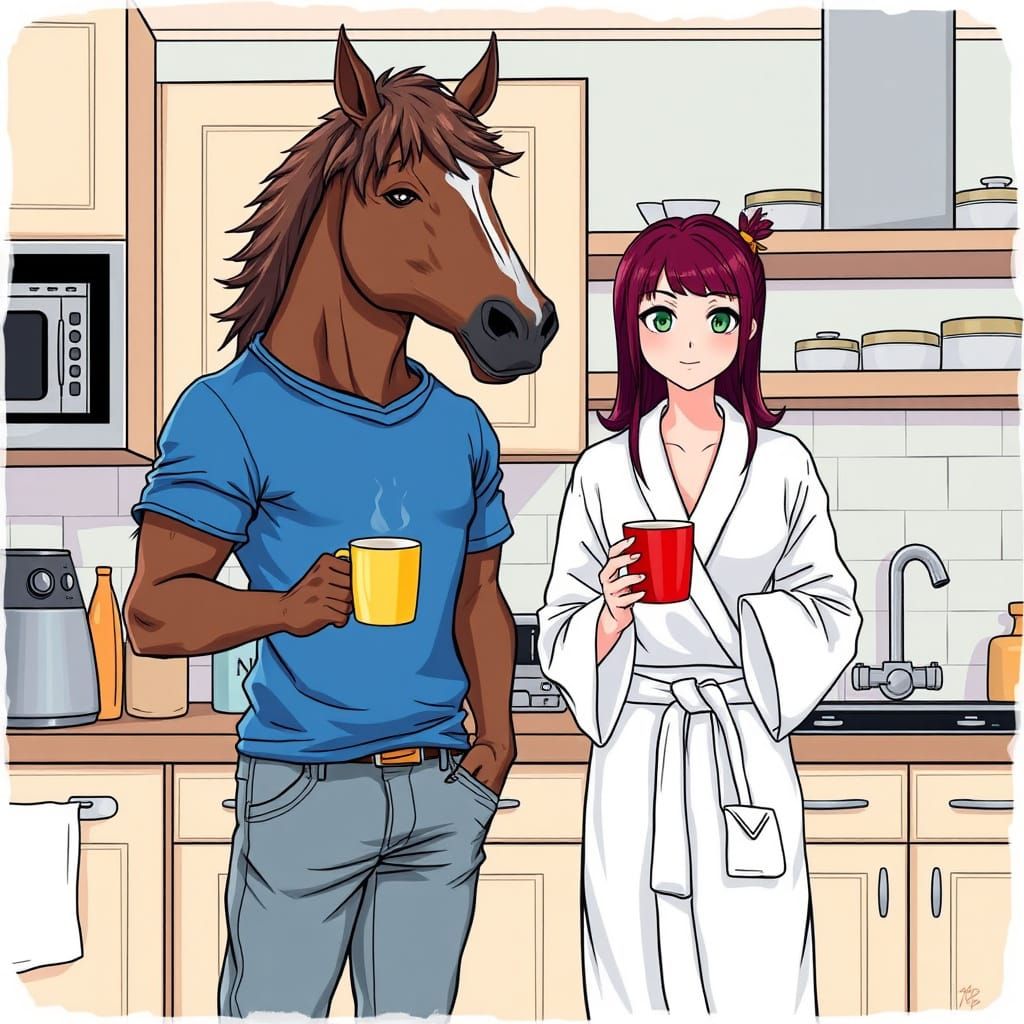 Anime-Style Horse-Headed Man in Kitchen Scene
