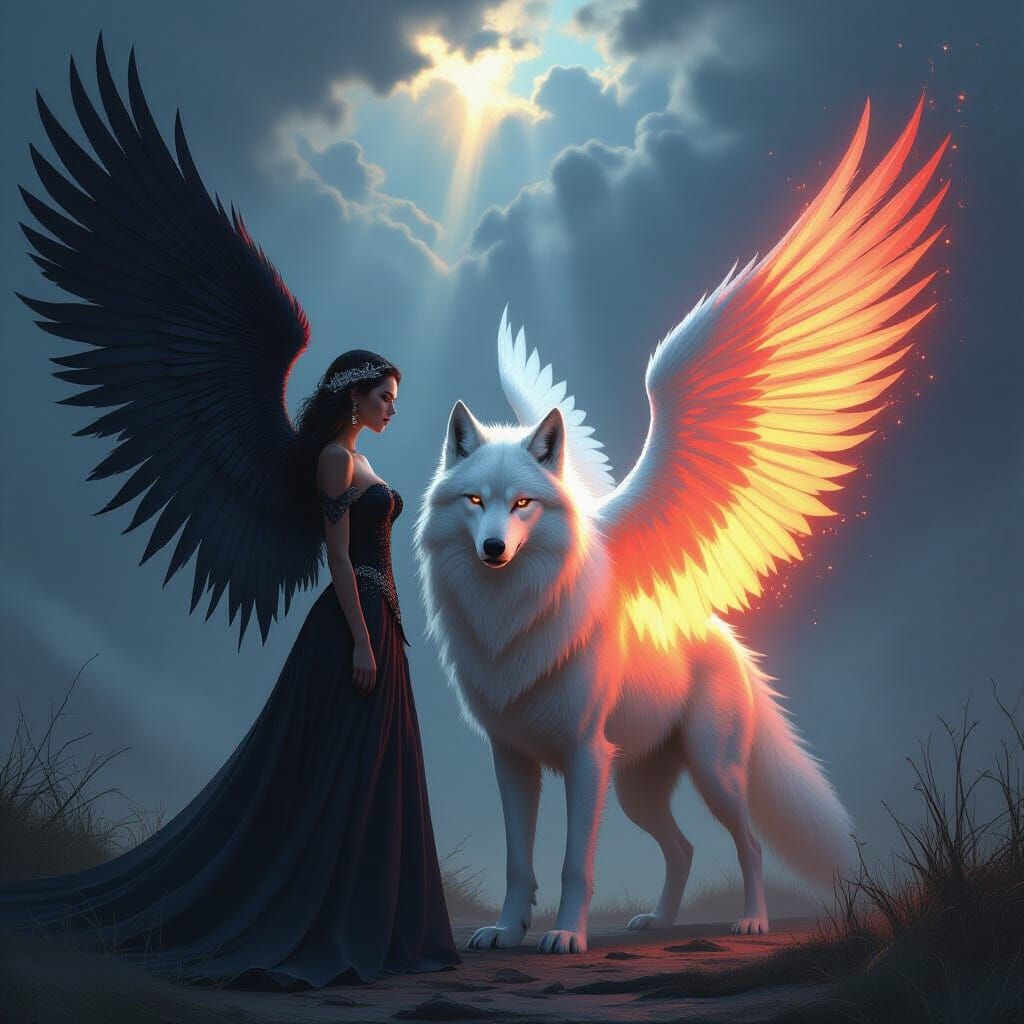 Angel Demon Hybrid With Fiery Wolf in Stormy Sky