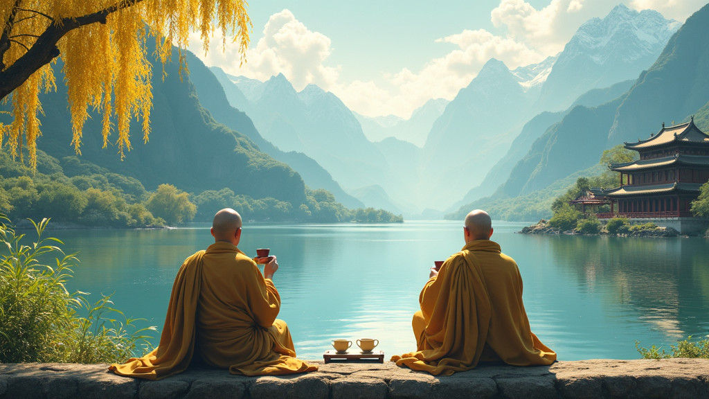 Taoist Monks Admiring Mountain Scenery in Watercolor Style