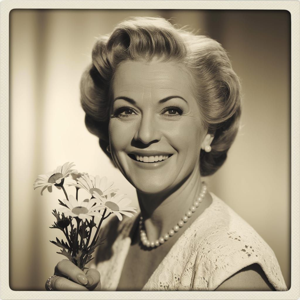 Charming Woman with Daisies in Vintage Polaroid Style