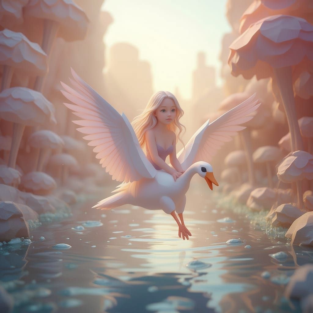 Origami World: Girl Rides Swan Amidst Neon Magic