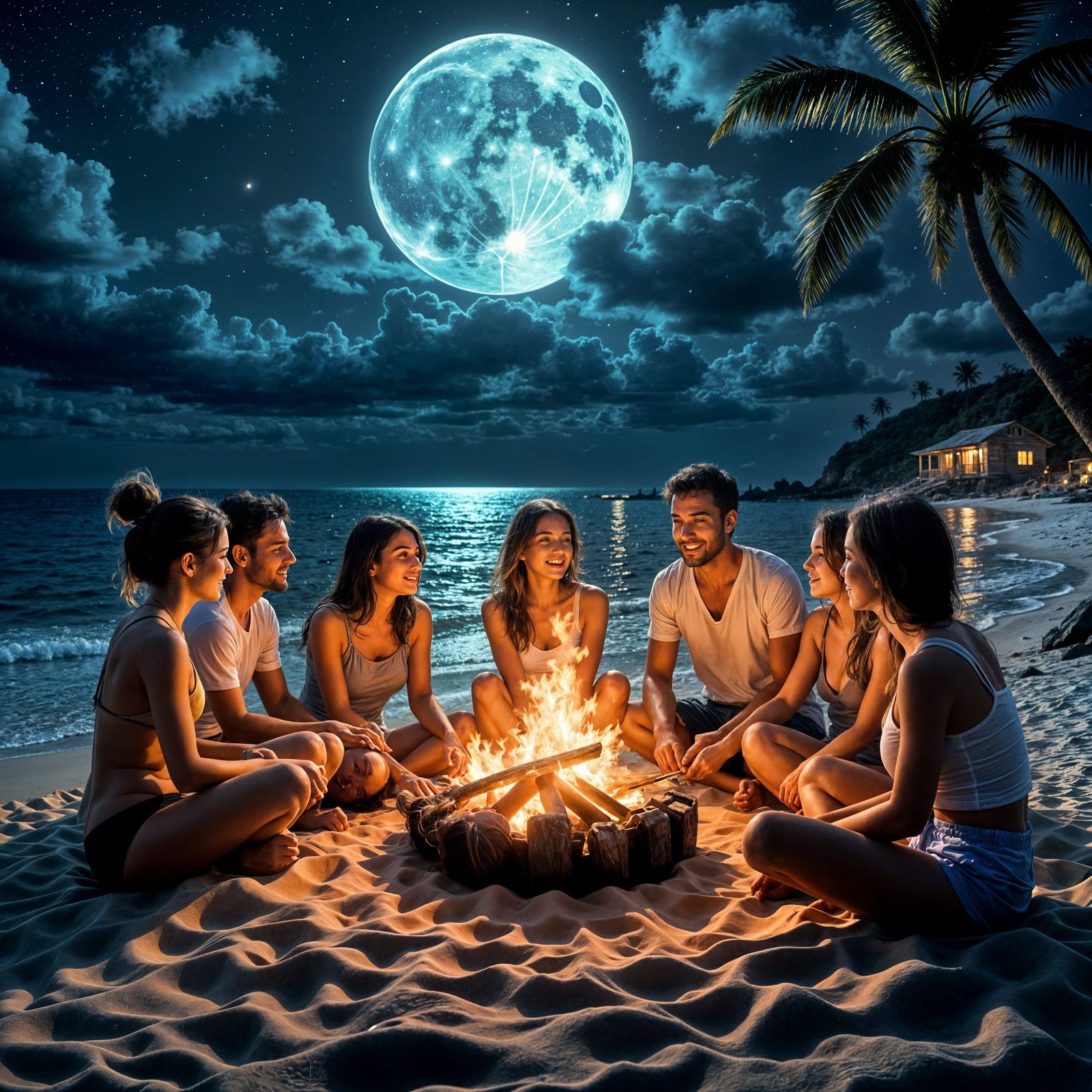 Moonlit Beach Bonfire with Friends Under Stars