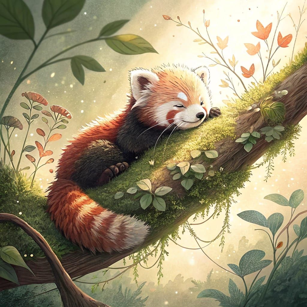 Red Panda Cub Sleeping: Whimsical Illustration