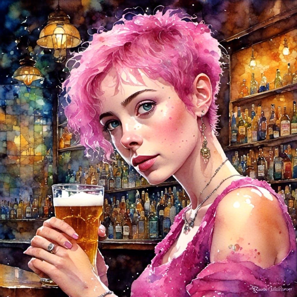 Beautiful Trans Woman with Beer at Bar