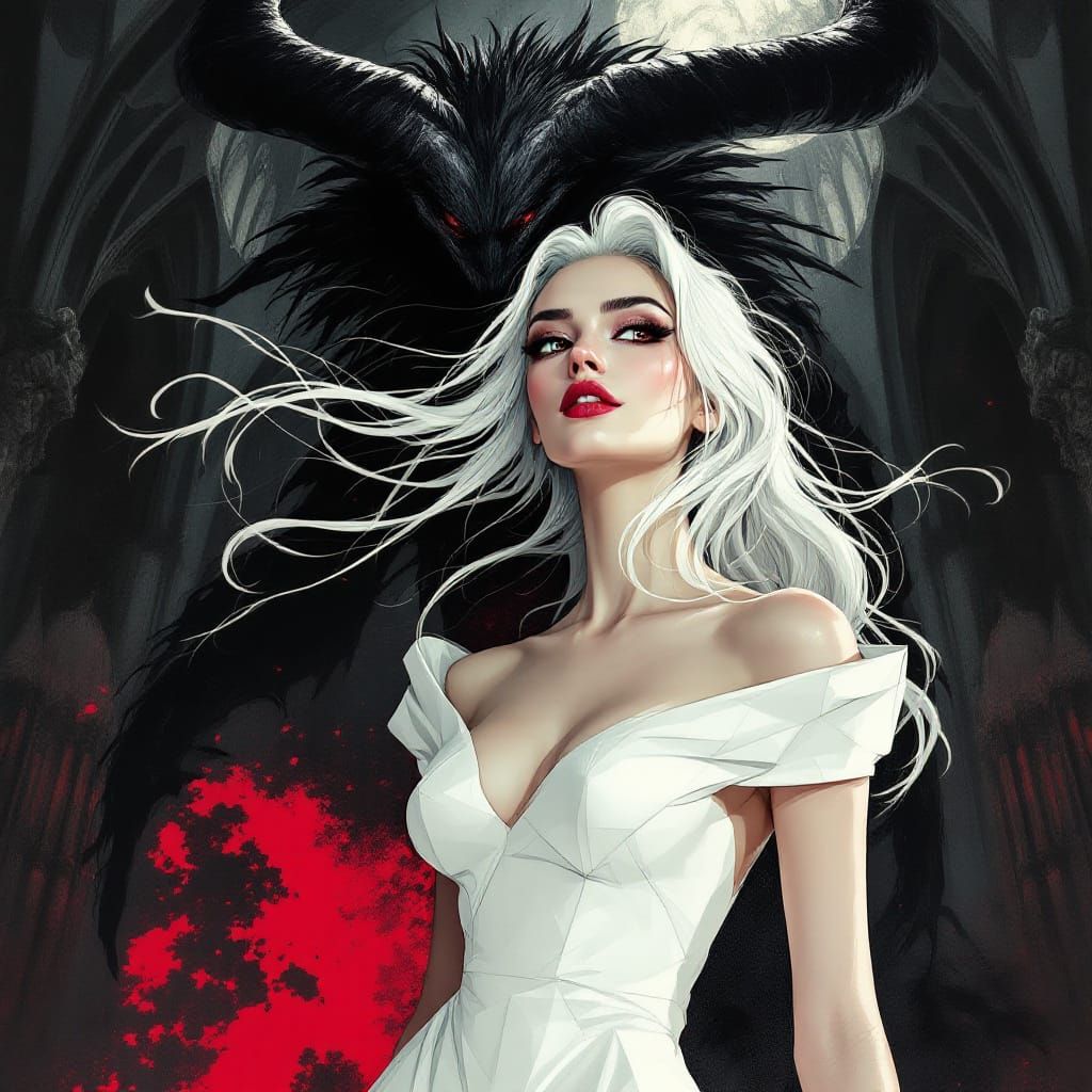 Gothic Manga Woman with Demon Shadow in Expressionist Style