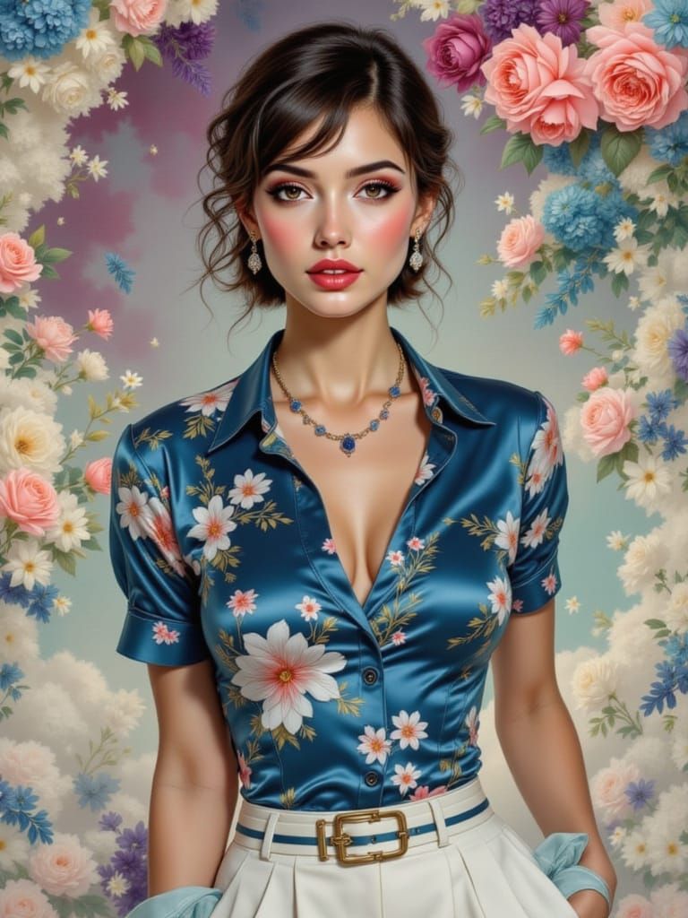 Ethereal Pin-Up Goddess with Floral Skin and Golden Accents