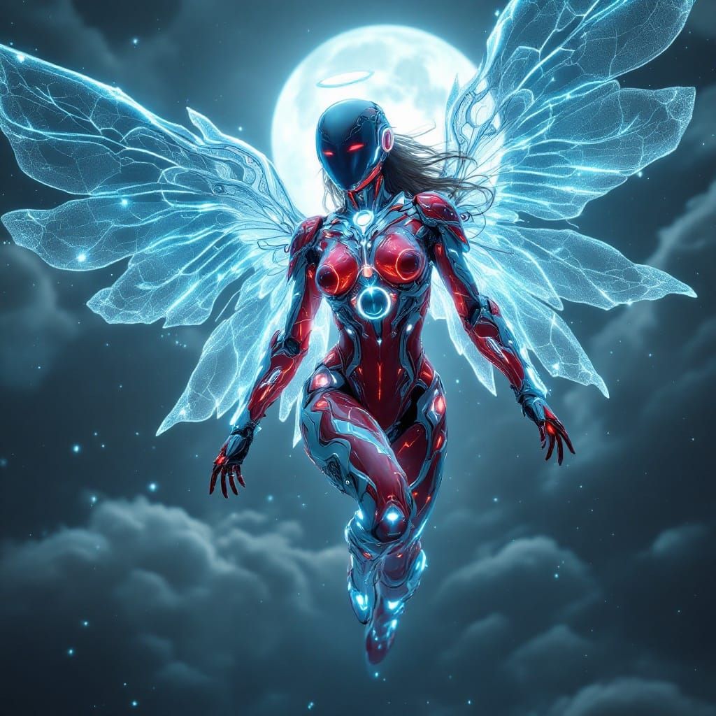 Ethereal Mecha Angel with Celestial Wings and Glowing Red Su...