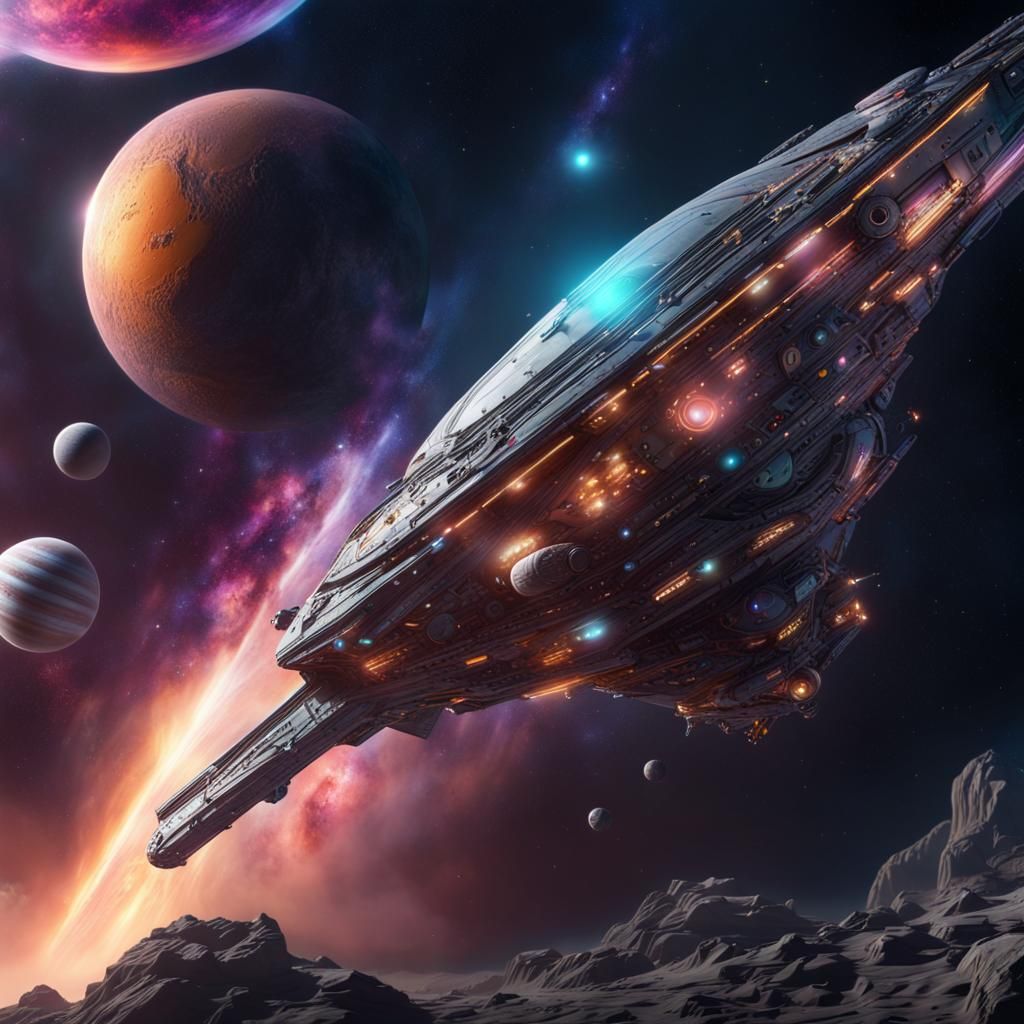 Spaceship Soaring Near Colorful Galaxy: Fantasy Concept Art