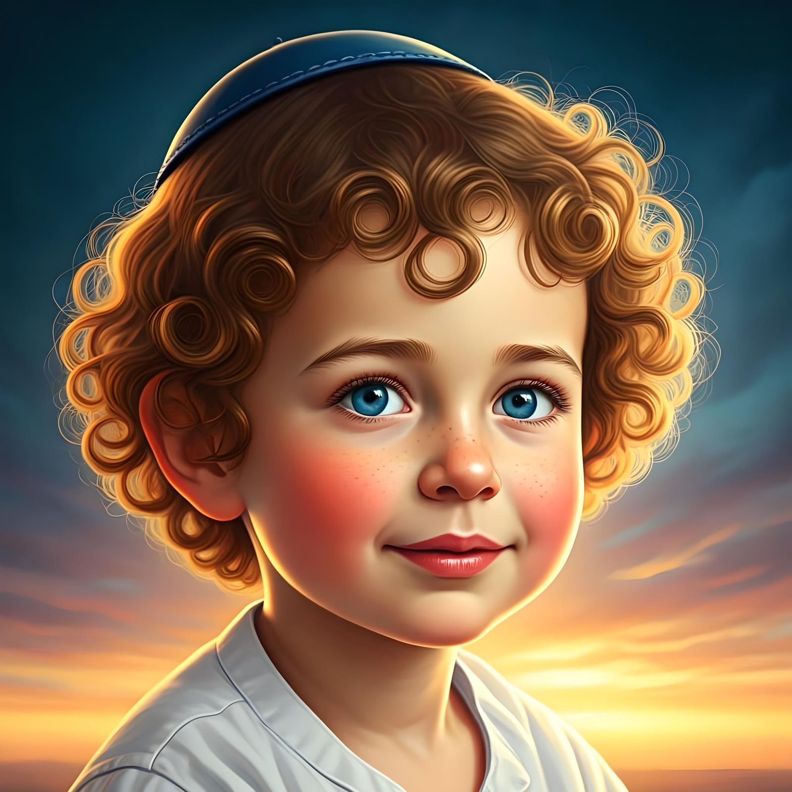 Golden-Haired Boy with Kippa in Majestic Blue Sky