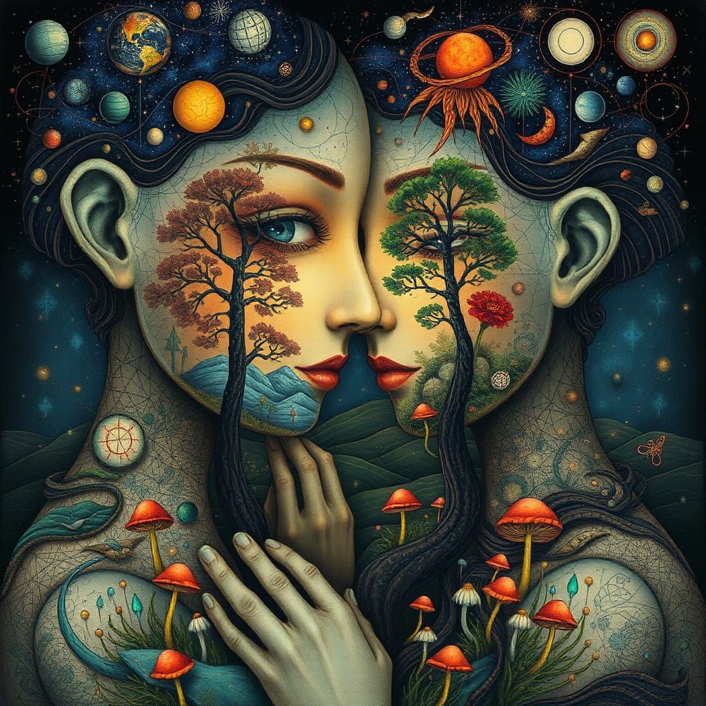 Ethereal Mindscapes: Surreal Portrait in Mixed-Media Style