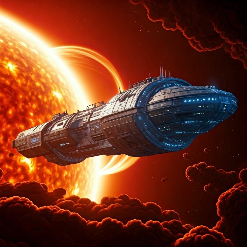 Colonial Spaceship Soaring Through Red Giant Sun