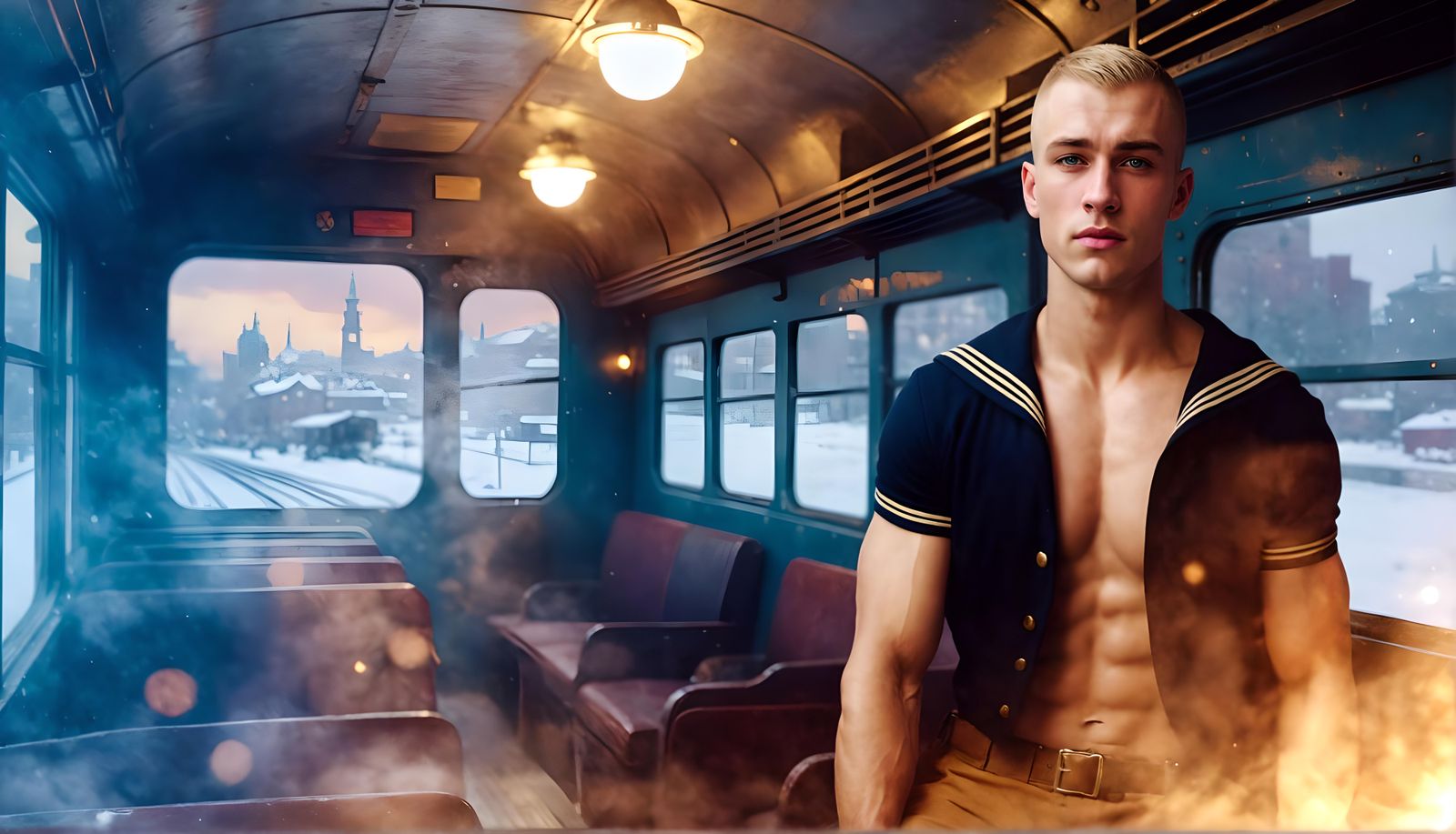 Handsome WWI Sailor in Steampunk Train Car