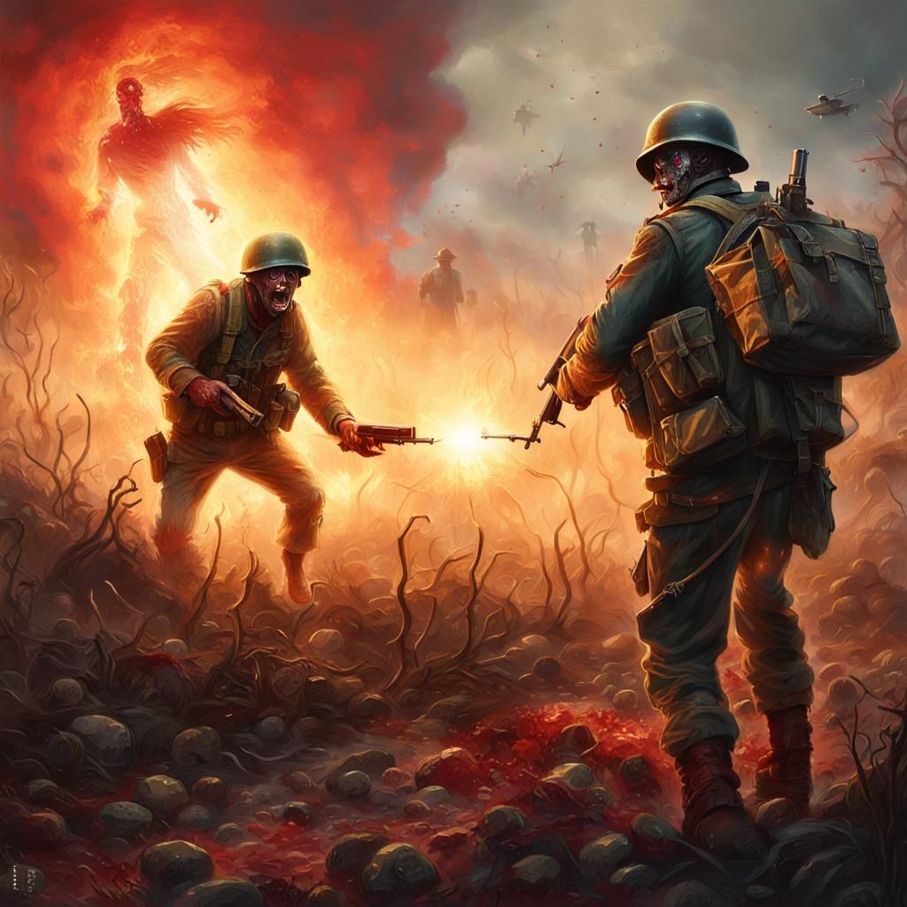 Zombie Soldier in Mystical Battlefield, Hyperrealistic Digit...